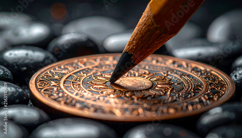Close-up view a sharpened pencil point touching a detailed circular relief, all set on reflective dark stones