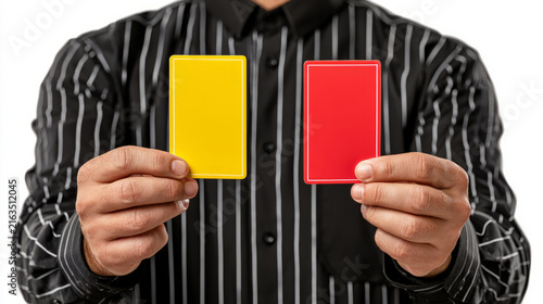Referee displaying yellow and red cards to enforce discipline during a competitive sports match