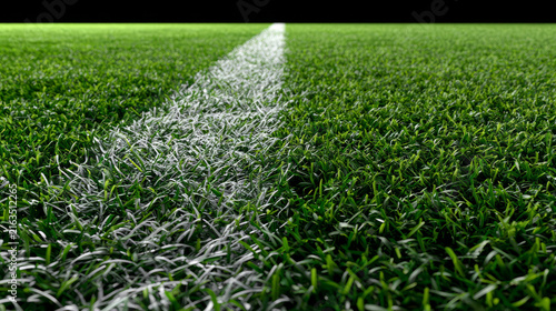 Detailed view of a vibrant green synthetic grass soccer field featuring sharp white boundary lines