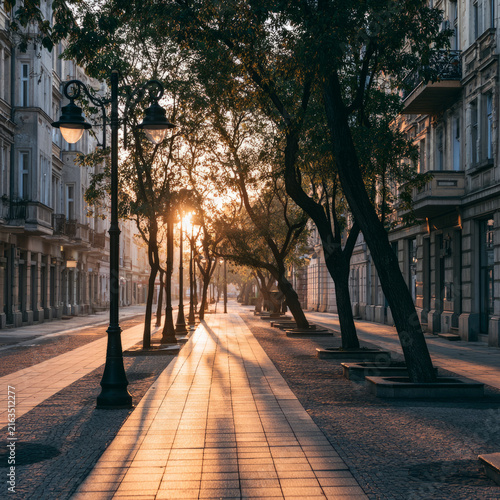 Peaceful sunrise illuminating a tranquil city street surrounded by vibrant trees and gentle light
