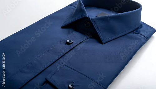 Close-up studio shot of a neatly folded, solid navy-blue dress shirt on a white surface, showcasing fabric and design