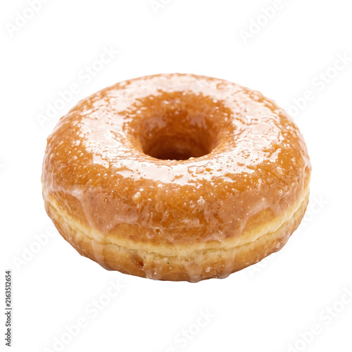 A delicious glazed ring donut with a shiny sweet topping isolated on a white background