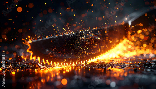 Close-up view depicts a fiery hand saw amidst sparks and glowing embers. Dark background amplifies the dramatic metallic cutting tool