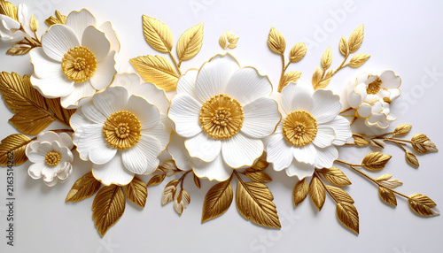 Close-up view of delicate, three-dimensional floral arrangement. White petals bloom with metallic gold accents on leaves. White backdrop