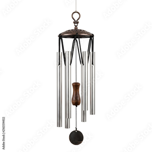 Quadro su tela Elegant metal wind chimes with wooden accents hanging isolated on a white backgr