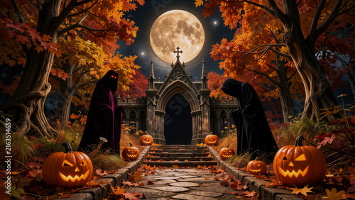 Spooky Halloween scene with figures and pumpkins in front of a gothic gate.
