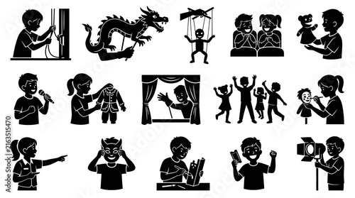 Black  White Silhouette Vector Icons: Kids Performing Arts, Theater, and Creative Play Activities.