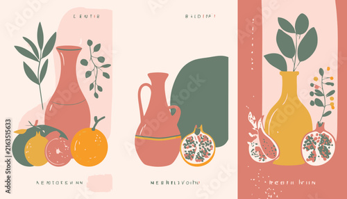 Colorful Vases with Fresh Fruits.