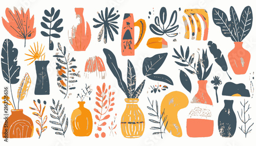 Colorful vases with various plants.