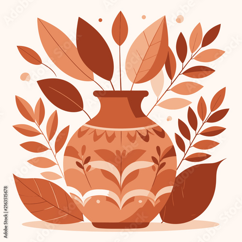 Decorative ceramic vase with autumn leaves in flat vector style.