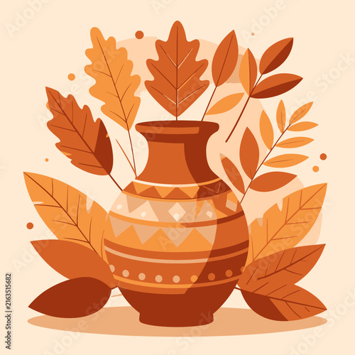 Decorative ceramic vase filled with autumn foliage.