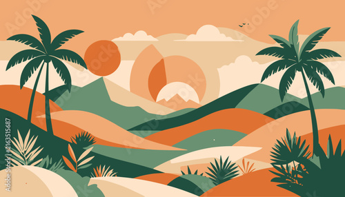 Desert Landscape with Palm Trees Illustration.