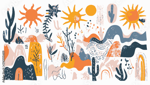 Desert Landscape with Cacti and Sun.