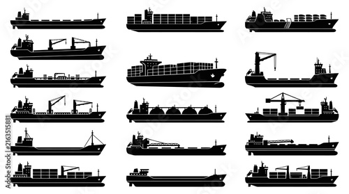 Black and White Silhouettes of Cargo Ships, Container Ships, Tankers, Barges