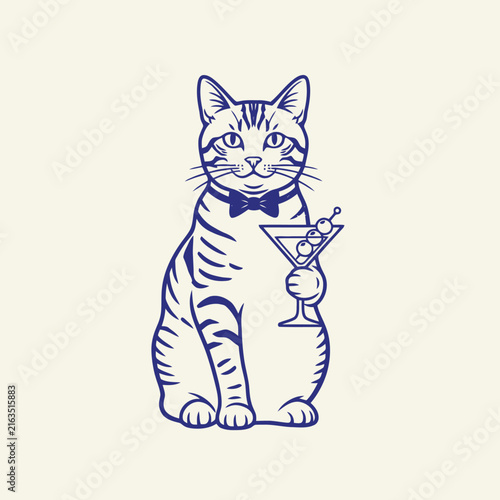 Cool-Tabby-Cat-Holding-Martini-Glass-Bowtie-Art