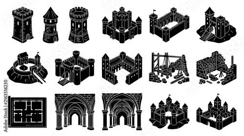 Medieval Architecture Castle Construction Glyph Icons Set. Isometric Black and White Fortress Building Elements.