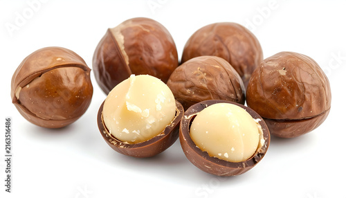 Close-up studio shot of several brown shelled nuts with one cracked open revealing a white, creamy kernel. Nuts are isolated on a white background