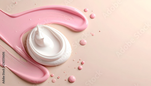 Close-up view of creamy swirls and pink, viscous droplets on a neutral backdrop, giving a cosmetic feel