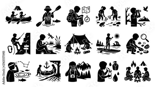 Outdoor Kids Camping Hiking Fishing Kayaking Exploring Nature Activity Vector Icons