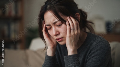 Stressed young Asian woman suffering from painful headache and migraine sitting at home