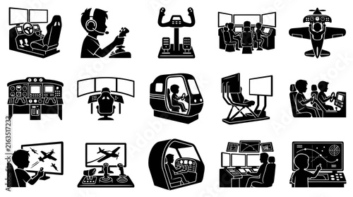 Black and White Icons of Flight Simulators and Cockpit Controls