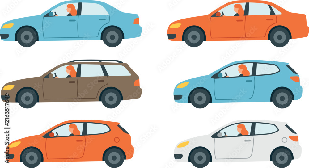 Fototapeta premium Car vector cartoon flat icon set with woman driving sedan hatchback station wagon vehicles isolated on white