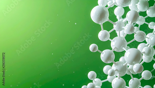 Close-up view of a molecular structure in white against a vibrant green background, creating a sense of scientific exploration