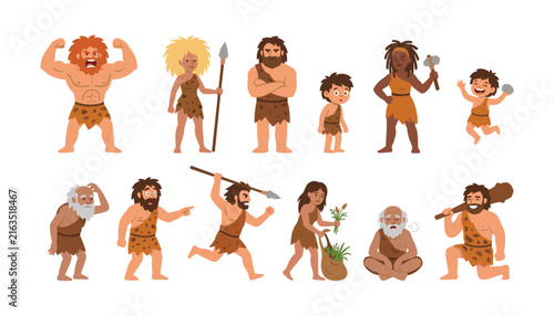 Konstfotografi Caveman family vector illustration set featuring prehistoric stone age character