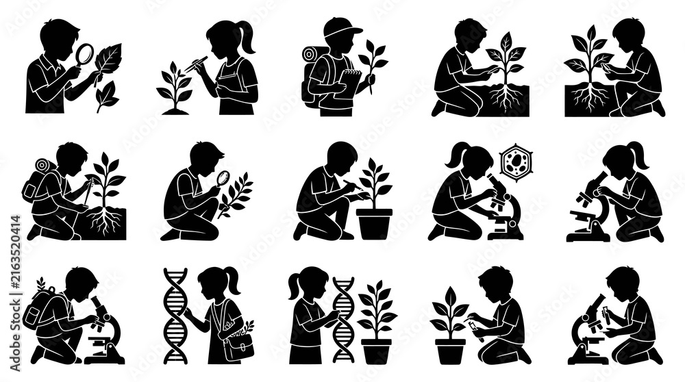 Fototapeta premium Kids Science Nature Exploration Silhouette Icon Set: Biology, Botany, Genetics, Microscopy Education