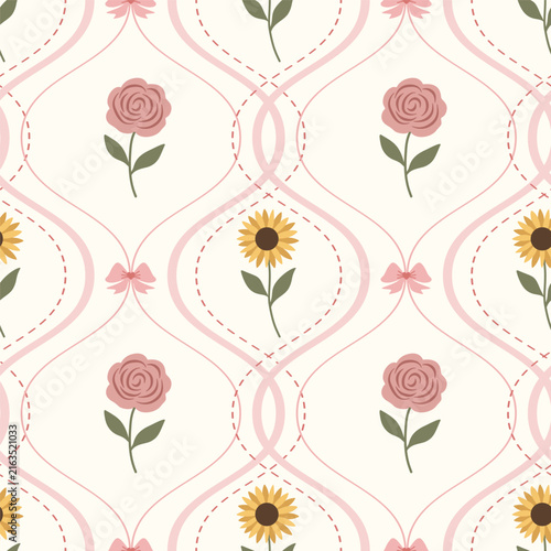 Coquette floral seamless pattern with bows and ribbons. Preppy spring summer hand drawn flowers. Botanical elegant trendy. Vintage design for fabric, wallpaper, decor, background, paper