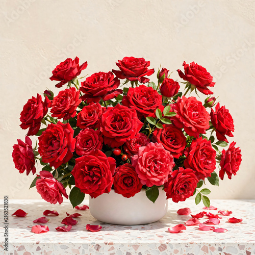 Fresh red rose bouquet in white pot on table