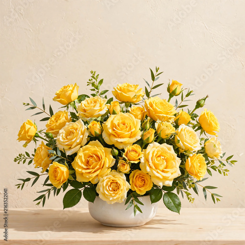 Yellow roses flower arrangement in white bowl on wooden table