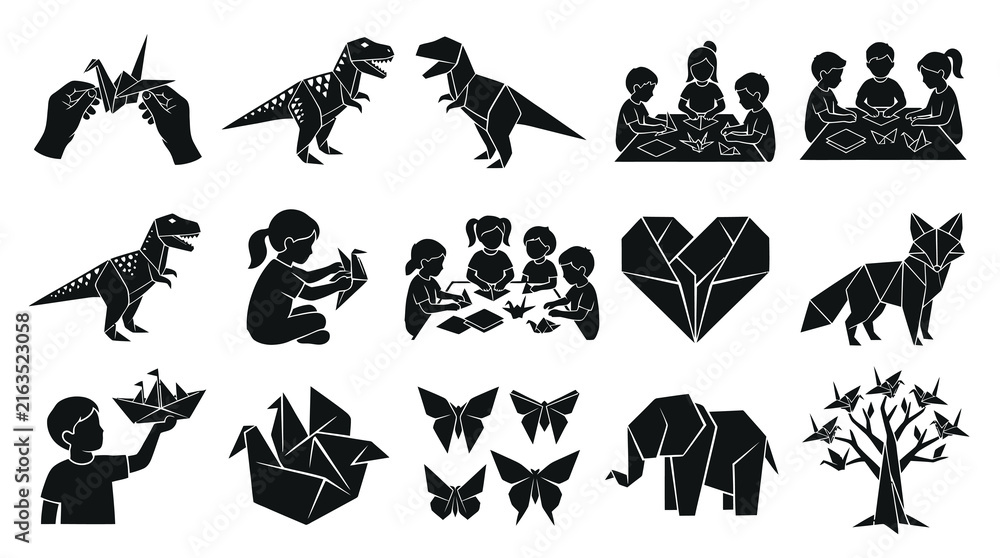 Obraz premium Origami Art Icons: Children Making Paper Crafts, Animals, More