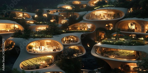 Futuristic Eco-Friendly Architecture at Night with Glowing Windows and Greenery