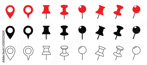Quadro su tela Set of vector map pin and push pin icons in red black and outline styles