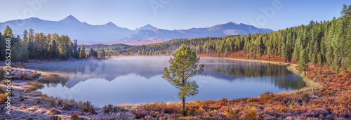 Mountain lake on an autumn morning, forest shores, picturesque reflection in the water