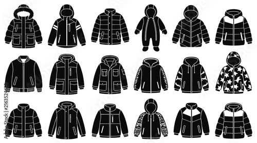 Black and white icons of winter kids jackets, vector illustration