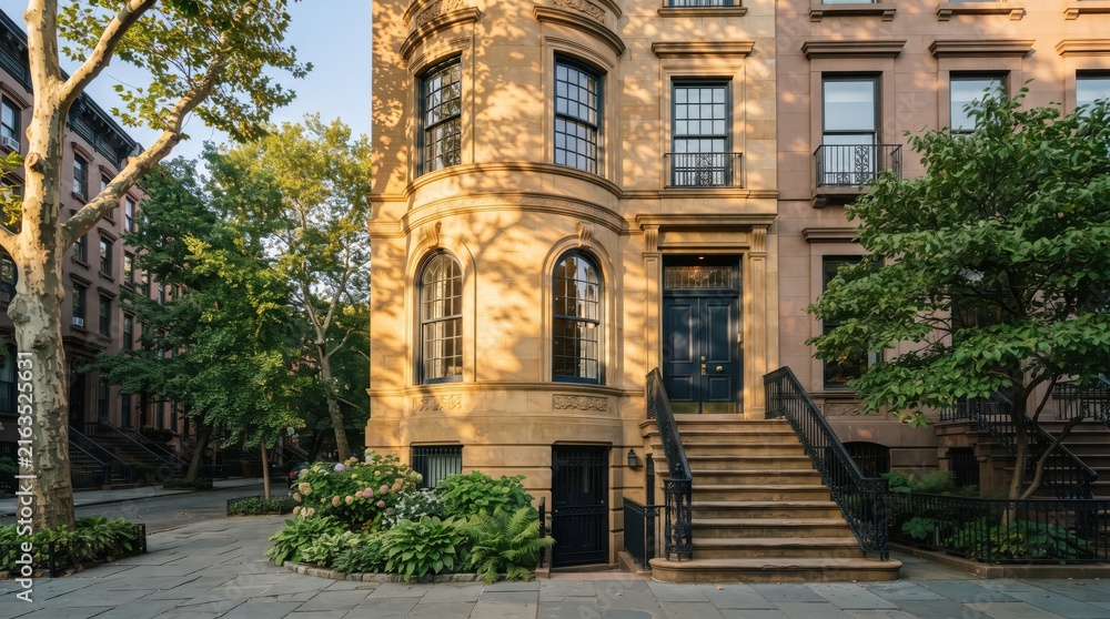 Fototapeta premium Brownstone townhouse exterior with blue door and front steps
