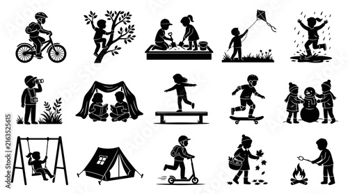 Children's Childhood Activities Glyph Icons Set. Kids Playing Outdoor  Indoor Recreation Silhouettes.