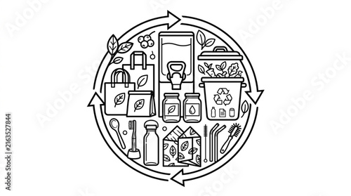Circular economy concept with reusable and recyclable items illustration.