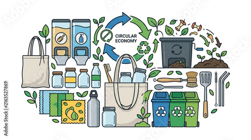Circular Economy Concept with Reusable Items and Recycling Bins.