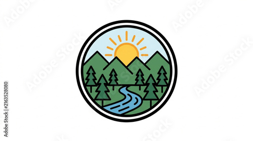 Circular emblem depicting a serene mountain landscape with a winding river and sun.