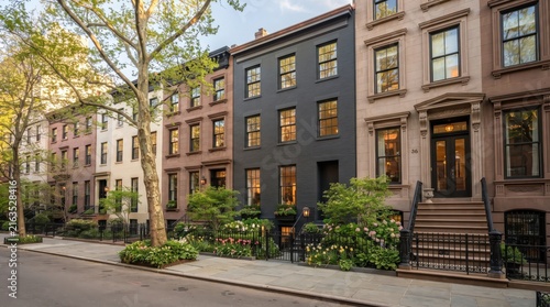 Row of townhouses with black painted brick facade and street garden