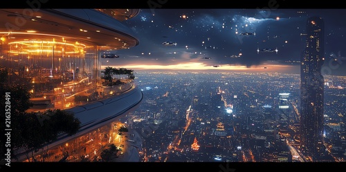 Futuristic Cityscape at Dusk Featuring a Modern Restaurant and Hovering Vehicles