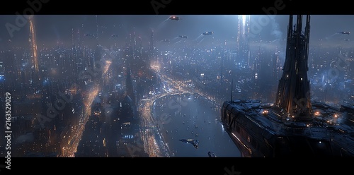 Futuristic Cityscape at Night with Flying Vehicles and Skyscrapers