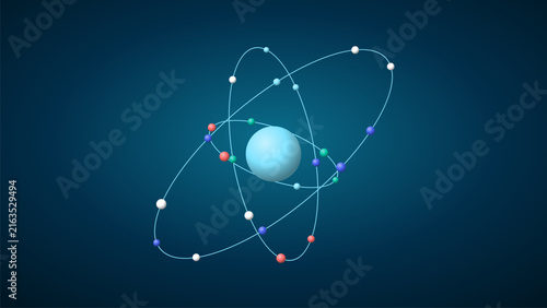 Foto 3d illustration of an atom with a central nucleus and orbiting electrons on elli