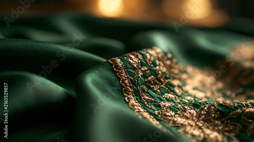 Green Silk Fabric with Intricate Gold Embroidery Detail