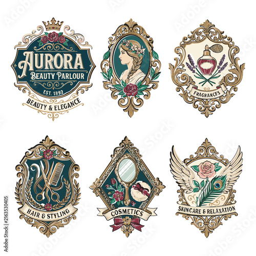 Set of vintage vector emblems for beauty parlour, hair styling, cosmetics, and skincare.