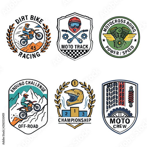 Set of motocross and dirt bike racing emblems, badges, and logos.