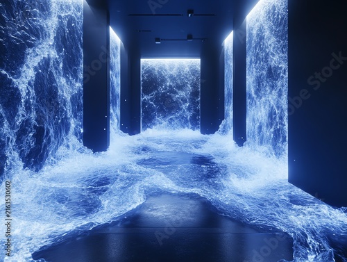 Futuristic Interior Space with Dynamic Water Waves and Illuminated Walls
